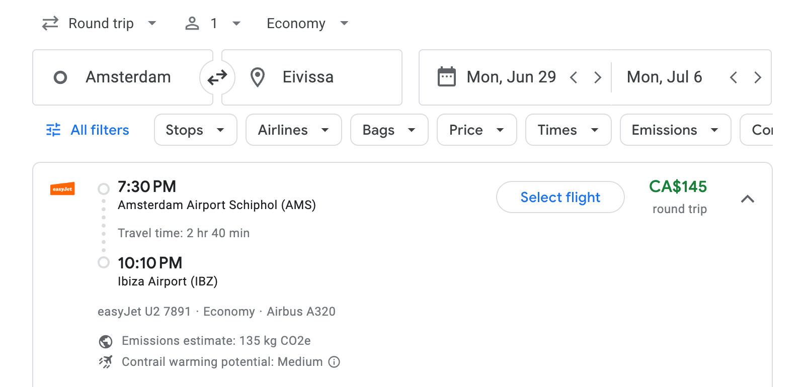Flight options for Eivissa