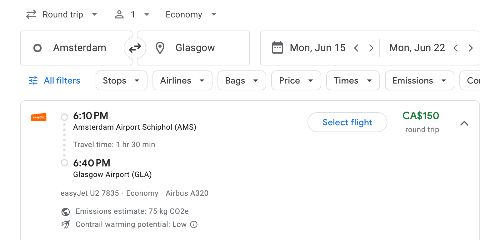 Flight options for Glasgow
