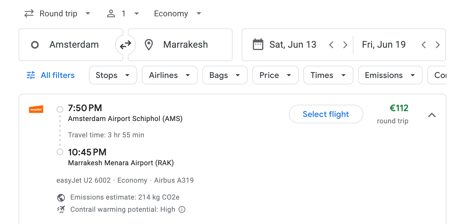 Flight options for Marrakesh