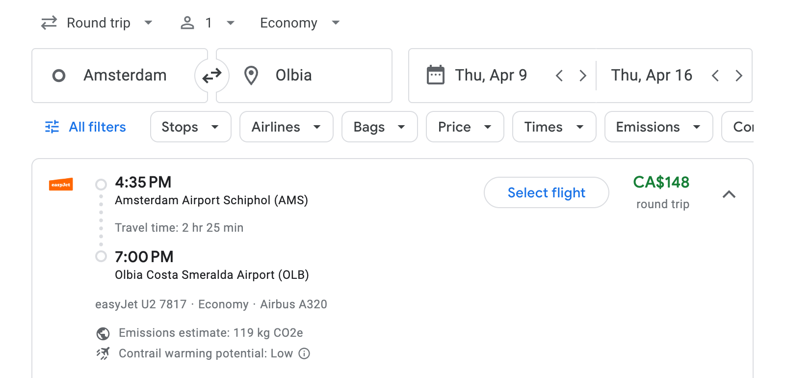 Flight options for Olbia