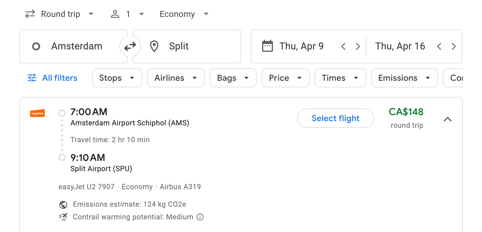 Flight options for Split