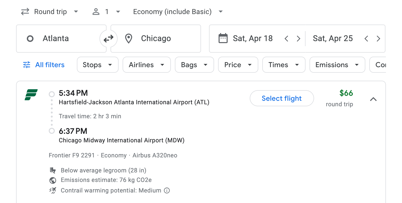 Flight options for Chicago