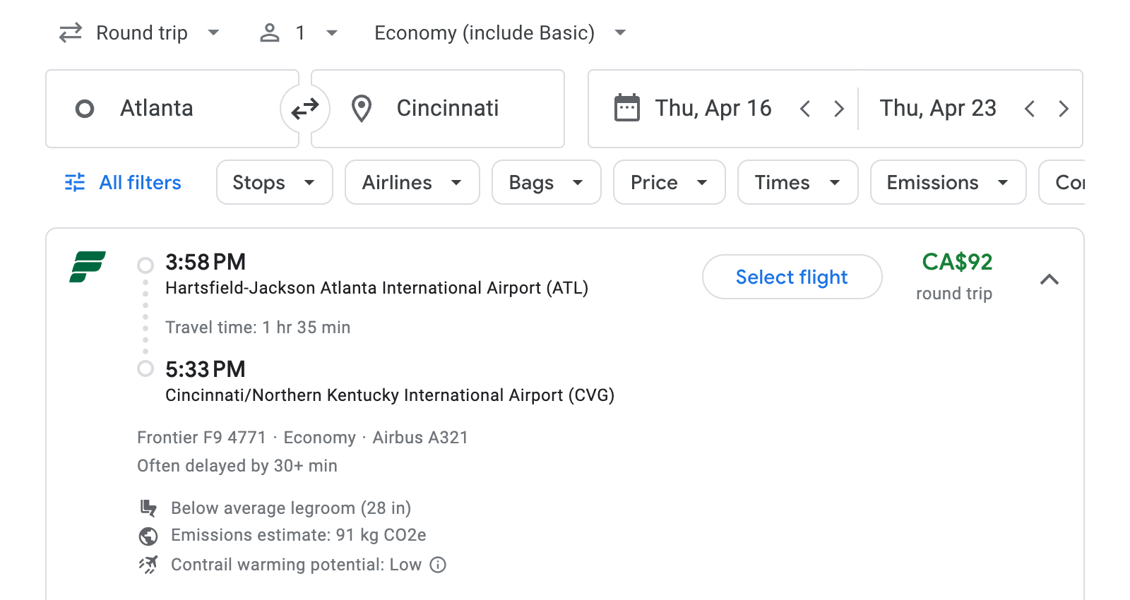 Flight options for Cincinnati