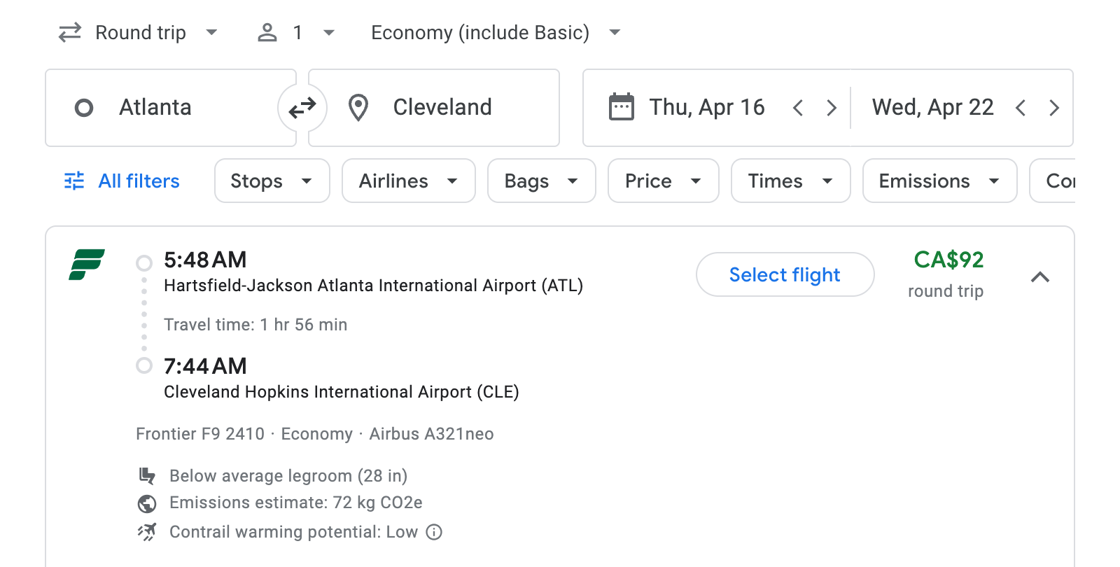 Flight options for Cleveland