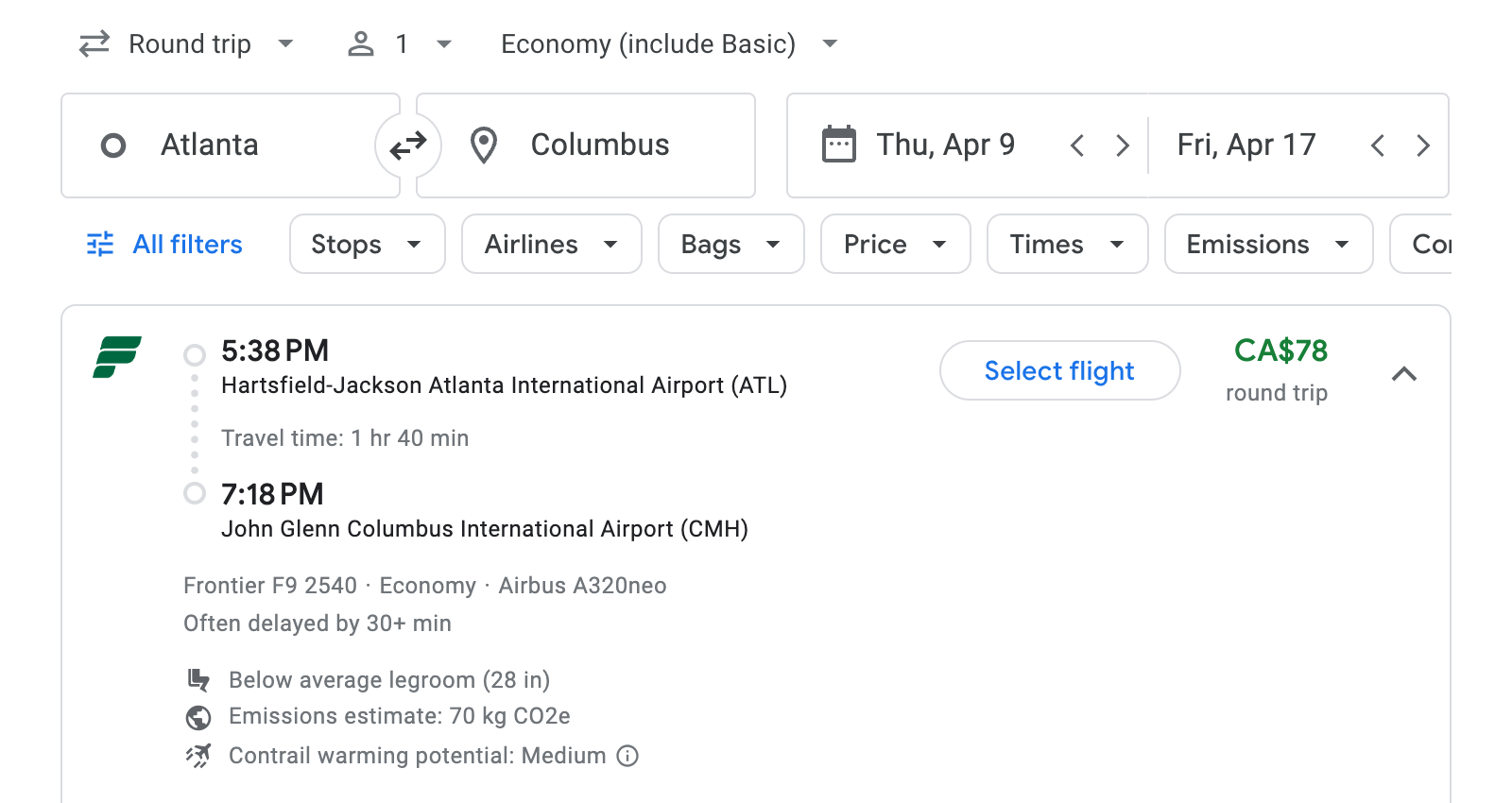 Flight options for Columbus