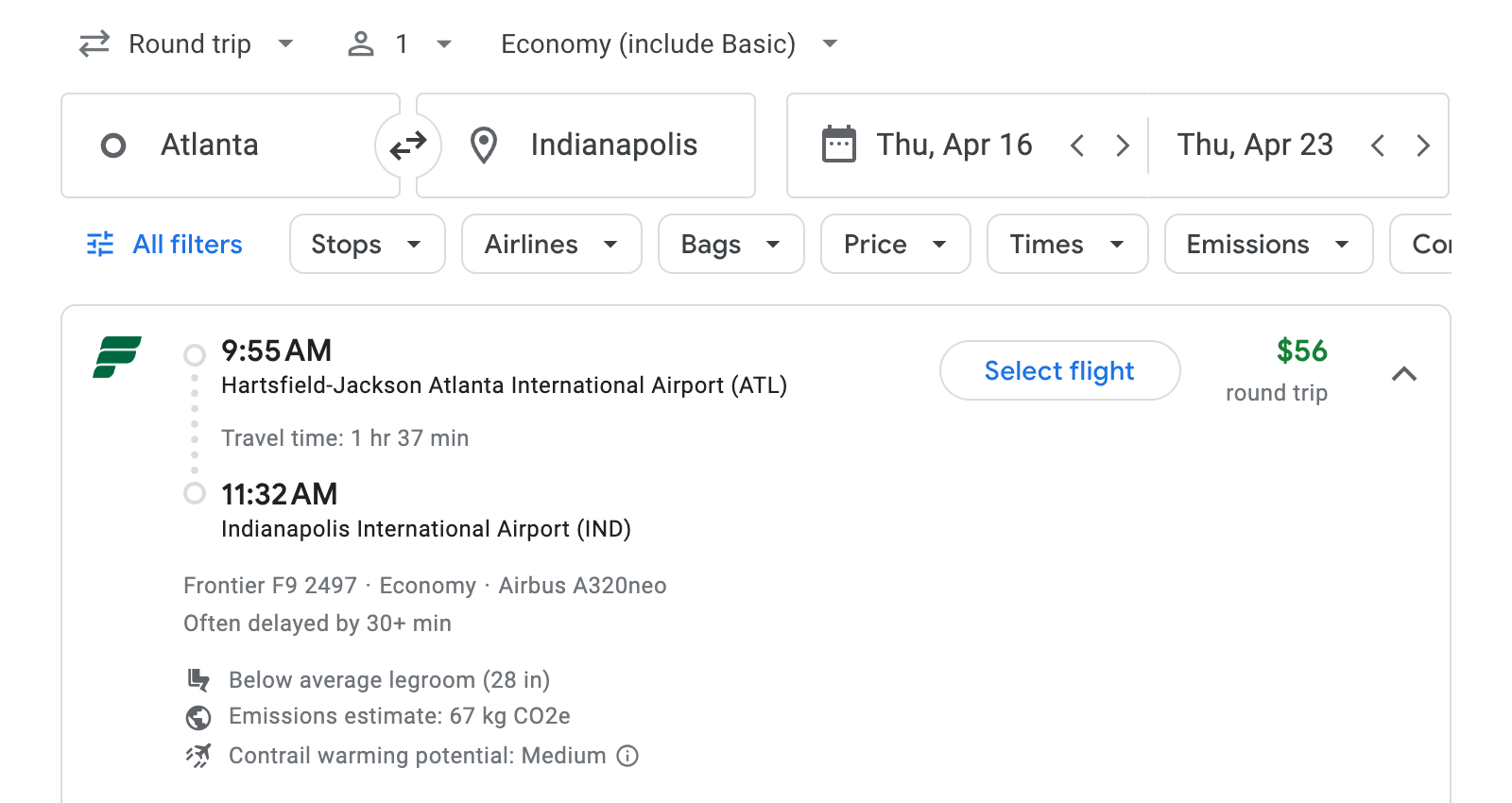 Flight options for Indianapolis