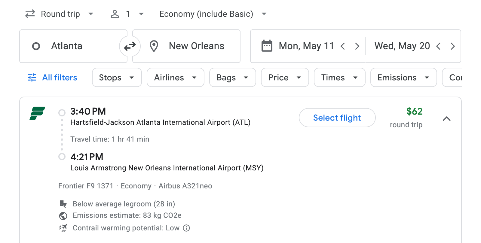 Flight options for New Orleans