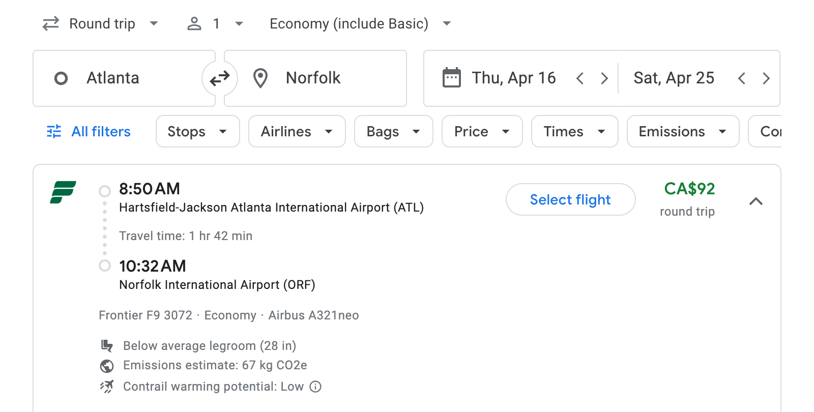Flight options for Norfolk
