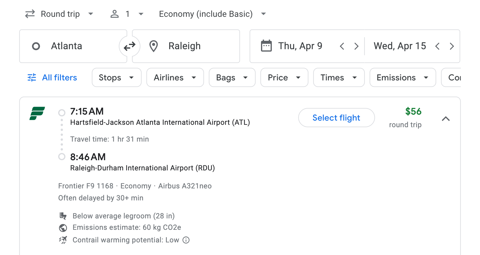 Flight options for Raleigh