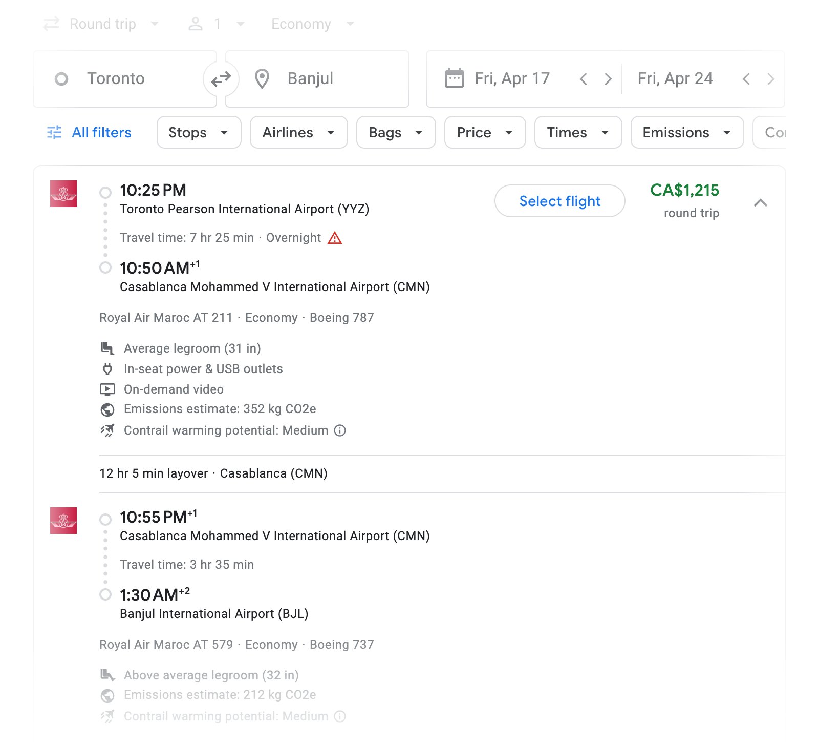 Flight options for Banjul