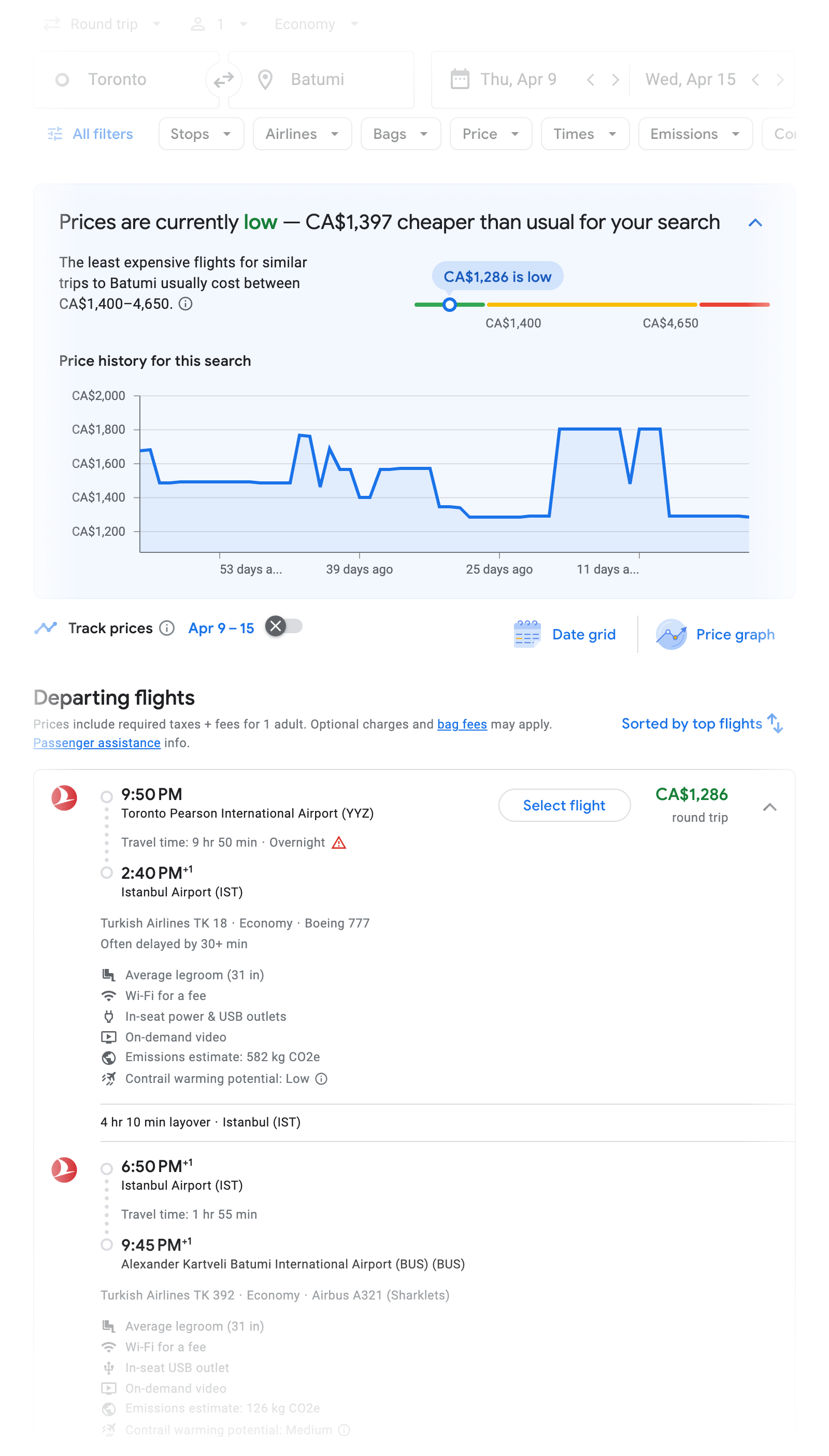 Flight options for Batumi