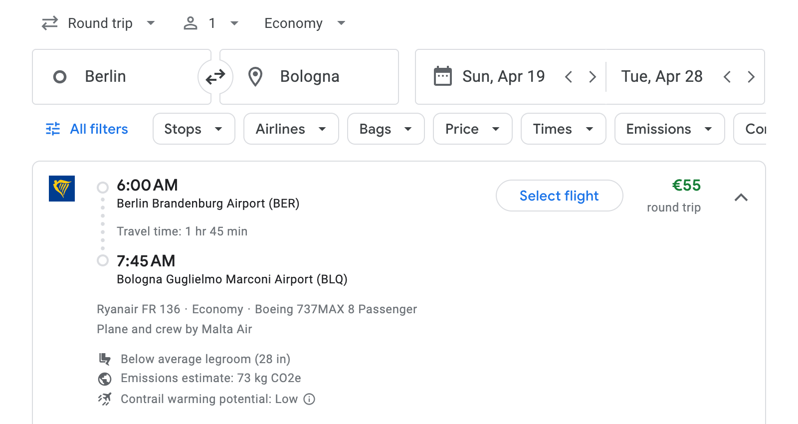 Flight options for Bologna