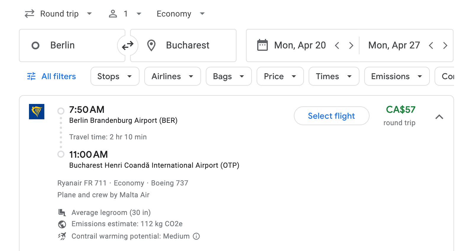 Flight options for Bucharest