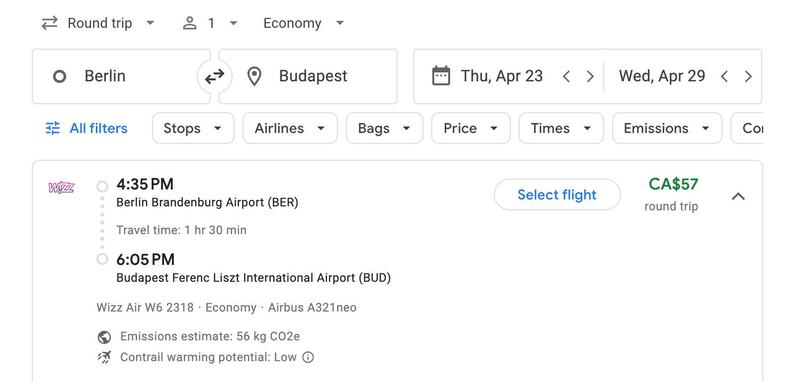 Flight options for Budapest