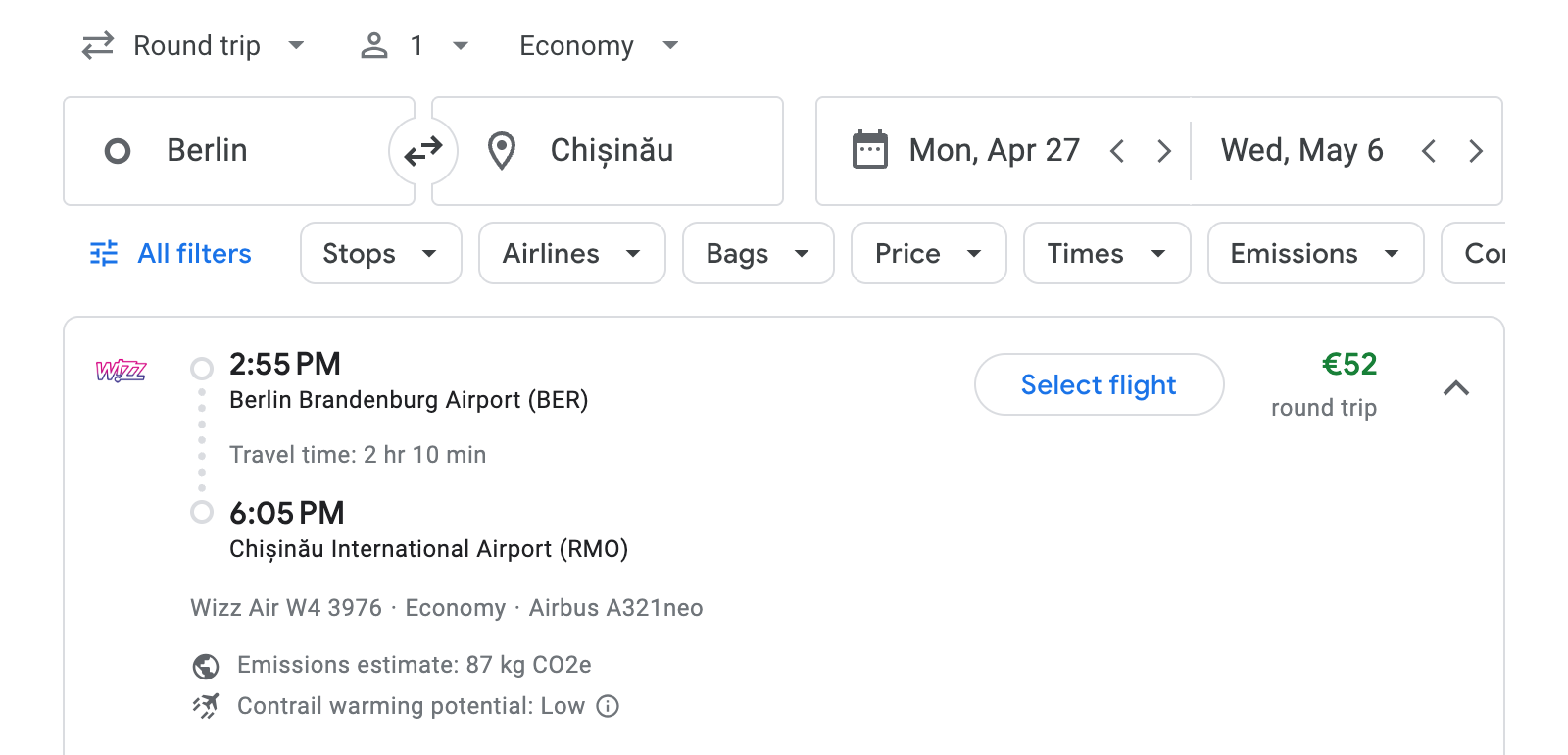 Flight options for Chișinău