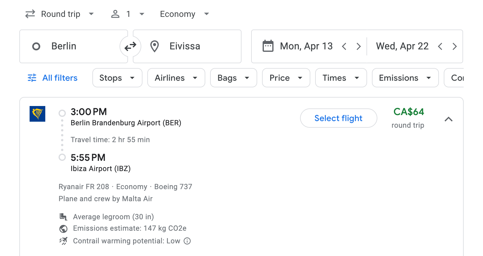 Flight options for Eivissa