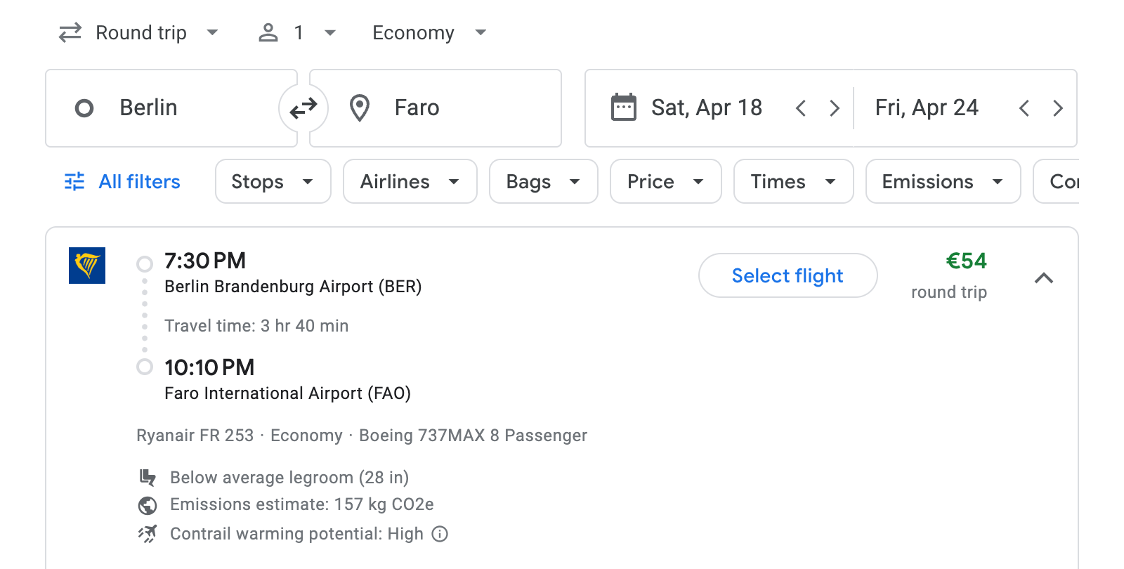 Flight options for Faro