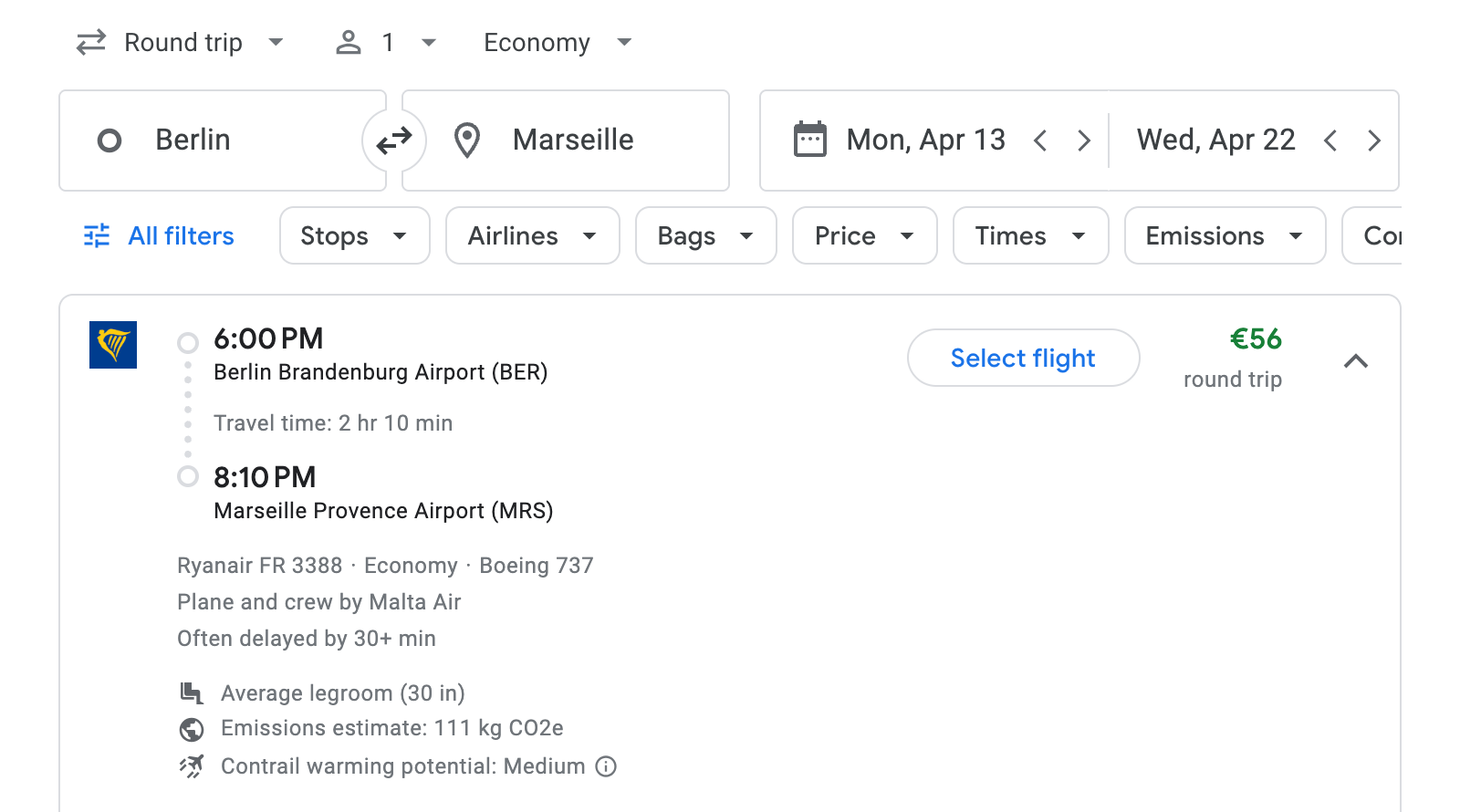 Flight options for Marseille