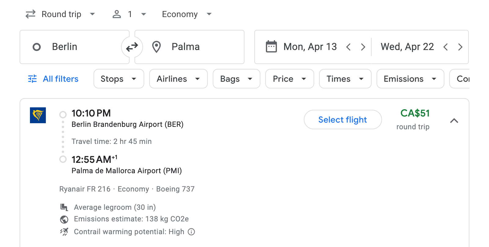 Flight options for Palma