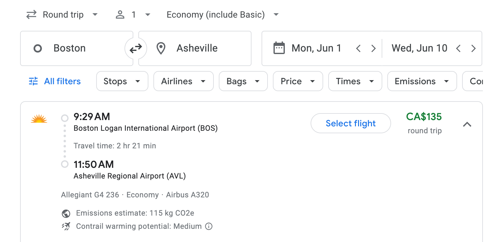 Flight options for Asheville