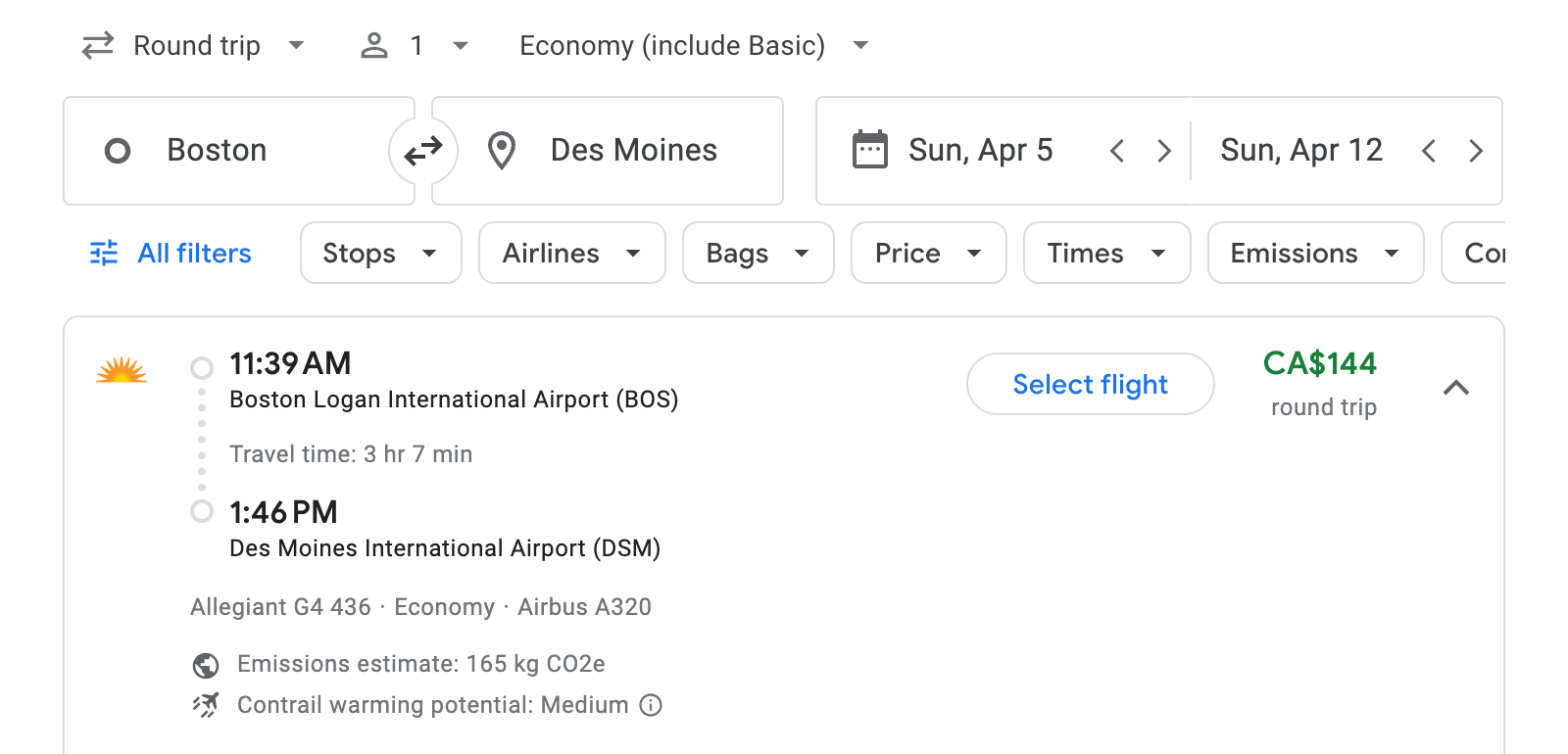 Flight options for Des Moines