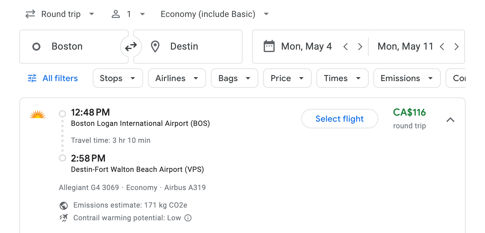 Flight options for Destin