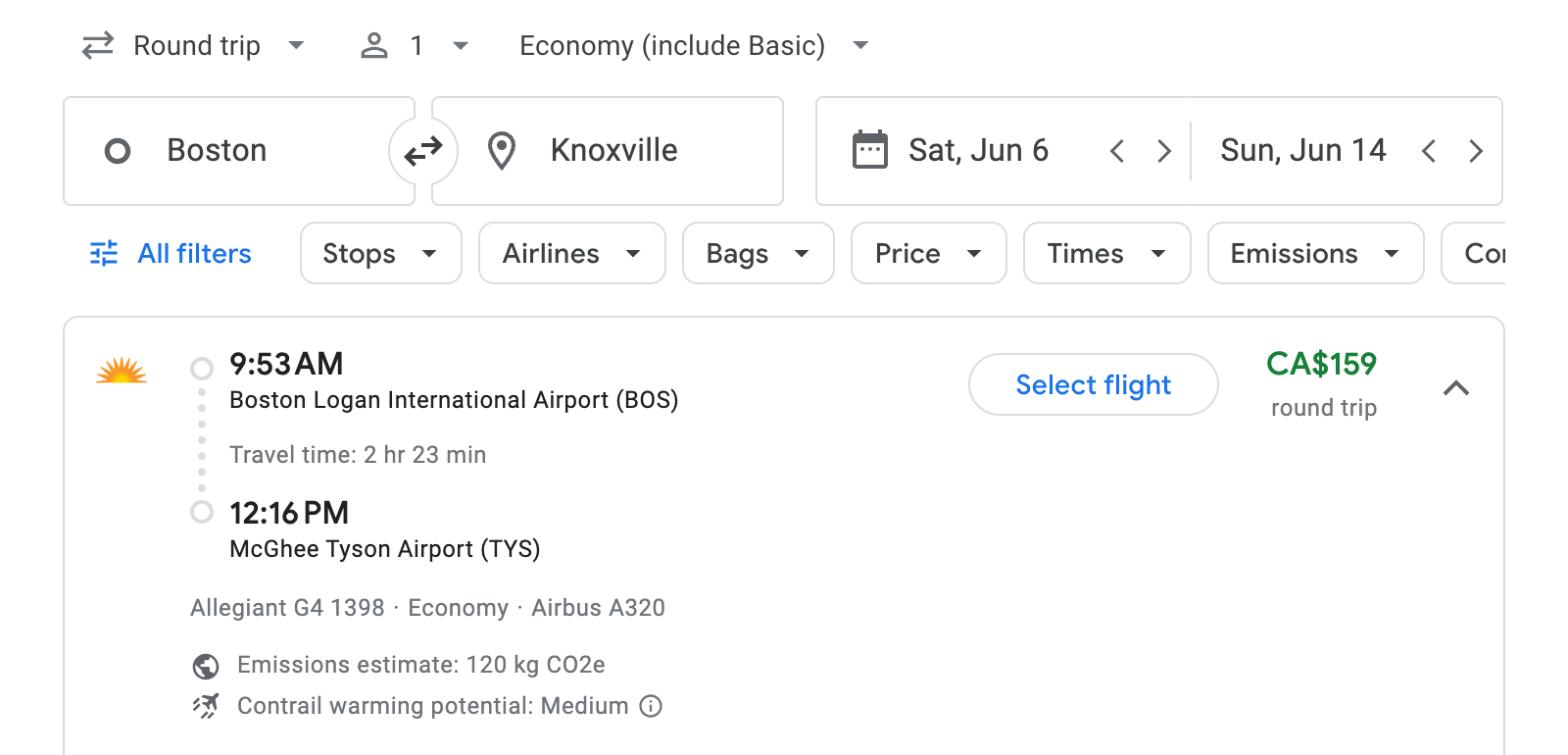 Flight options for Knoxville