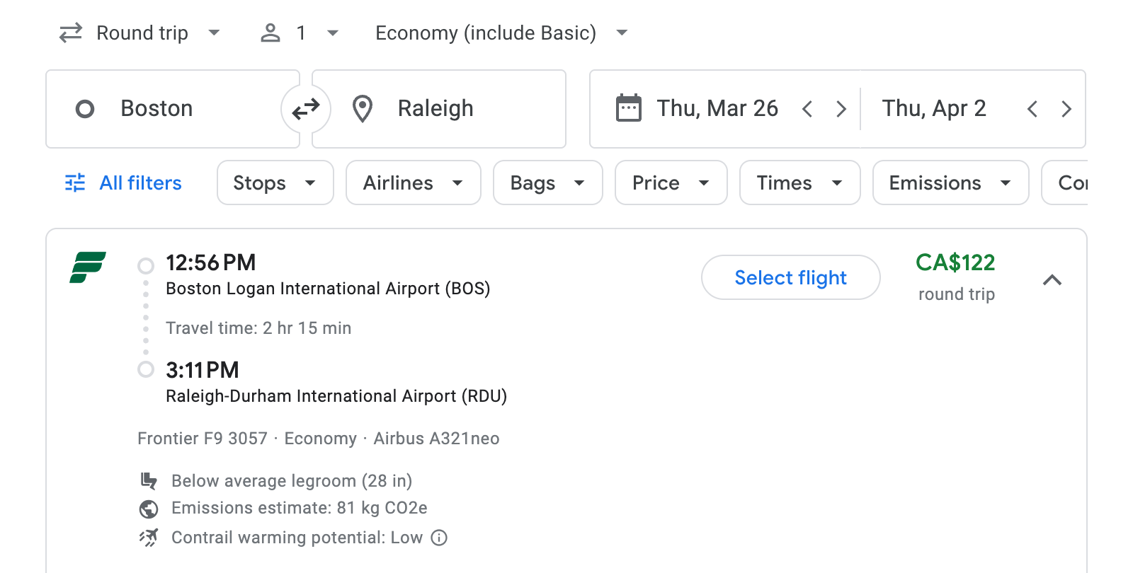 Flight options for Raleigh