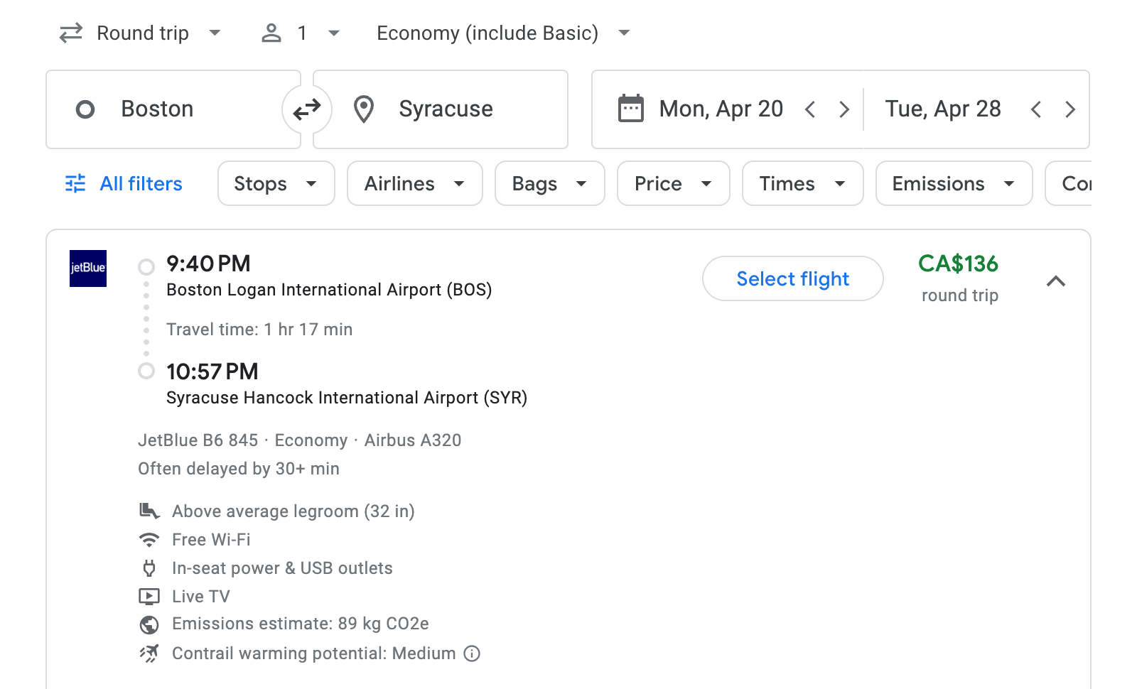 Flight options for Syracuse