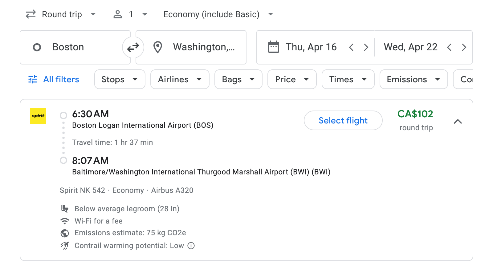 Flight options for Washington, D.C.