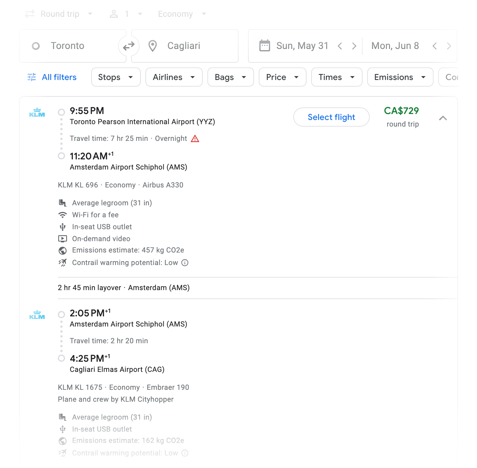 Flight options for Cagliari