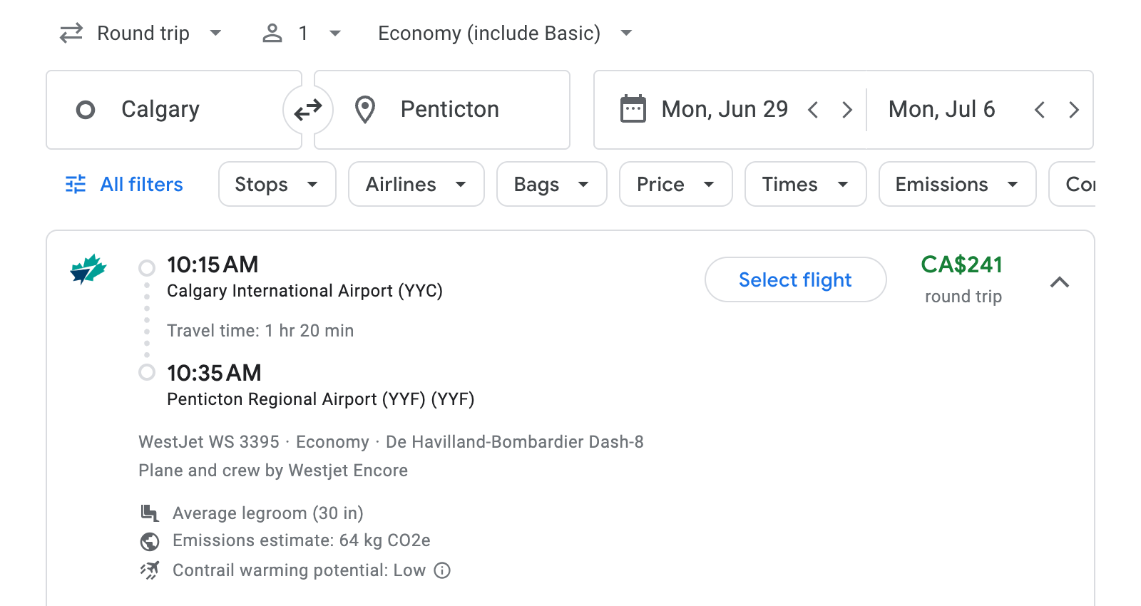 Flight options for Penticton