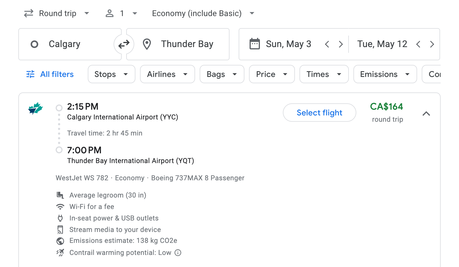 Flight options for Thunder Bay