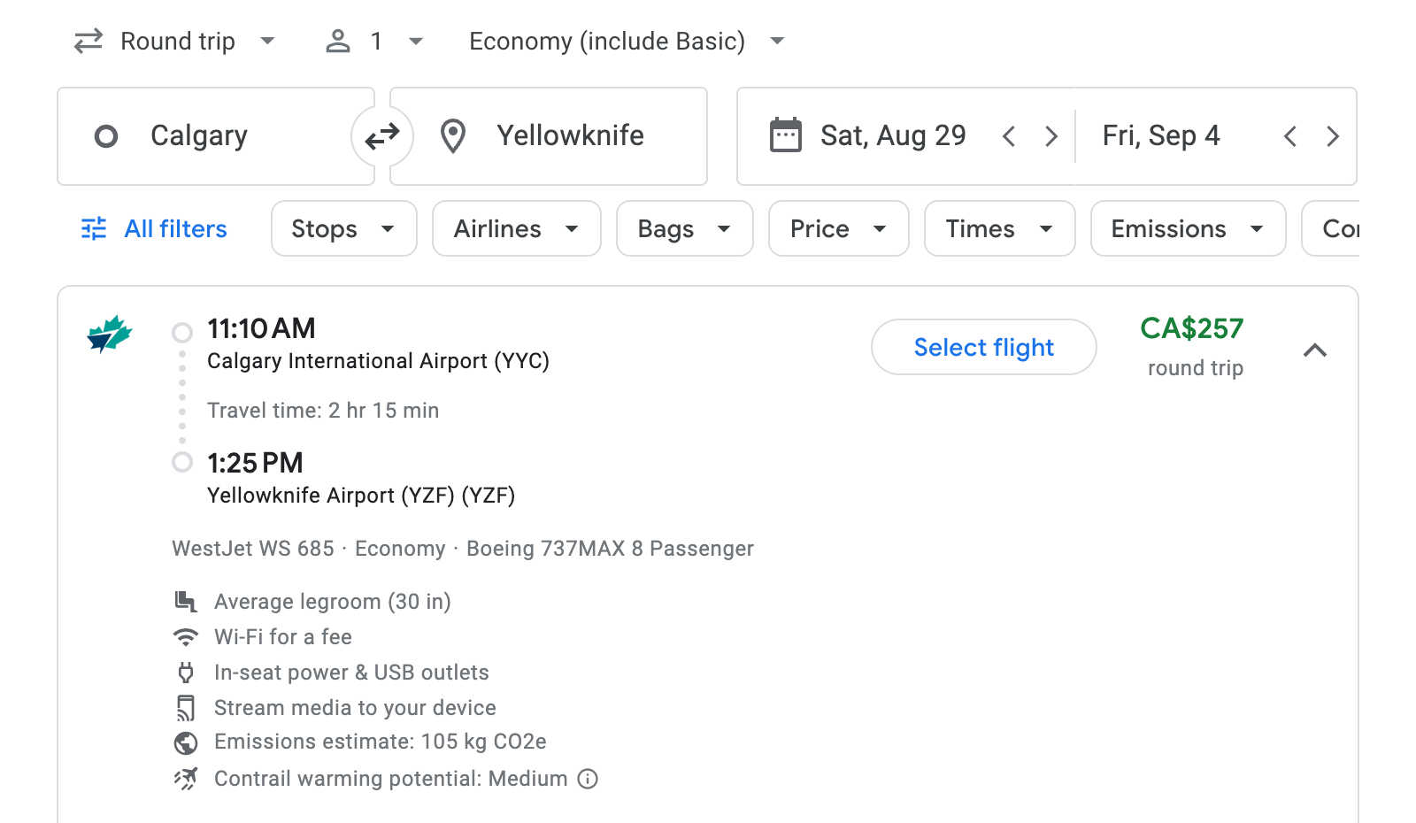 Flight options for Yellowknife