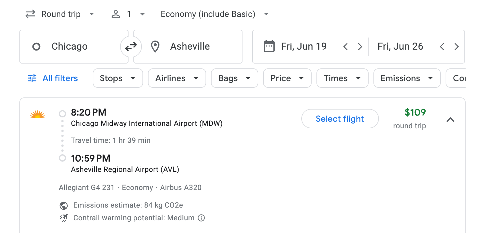Flight options for Asheville