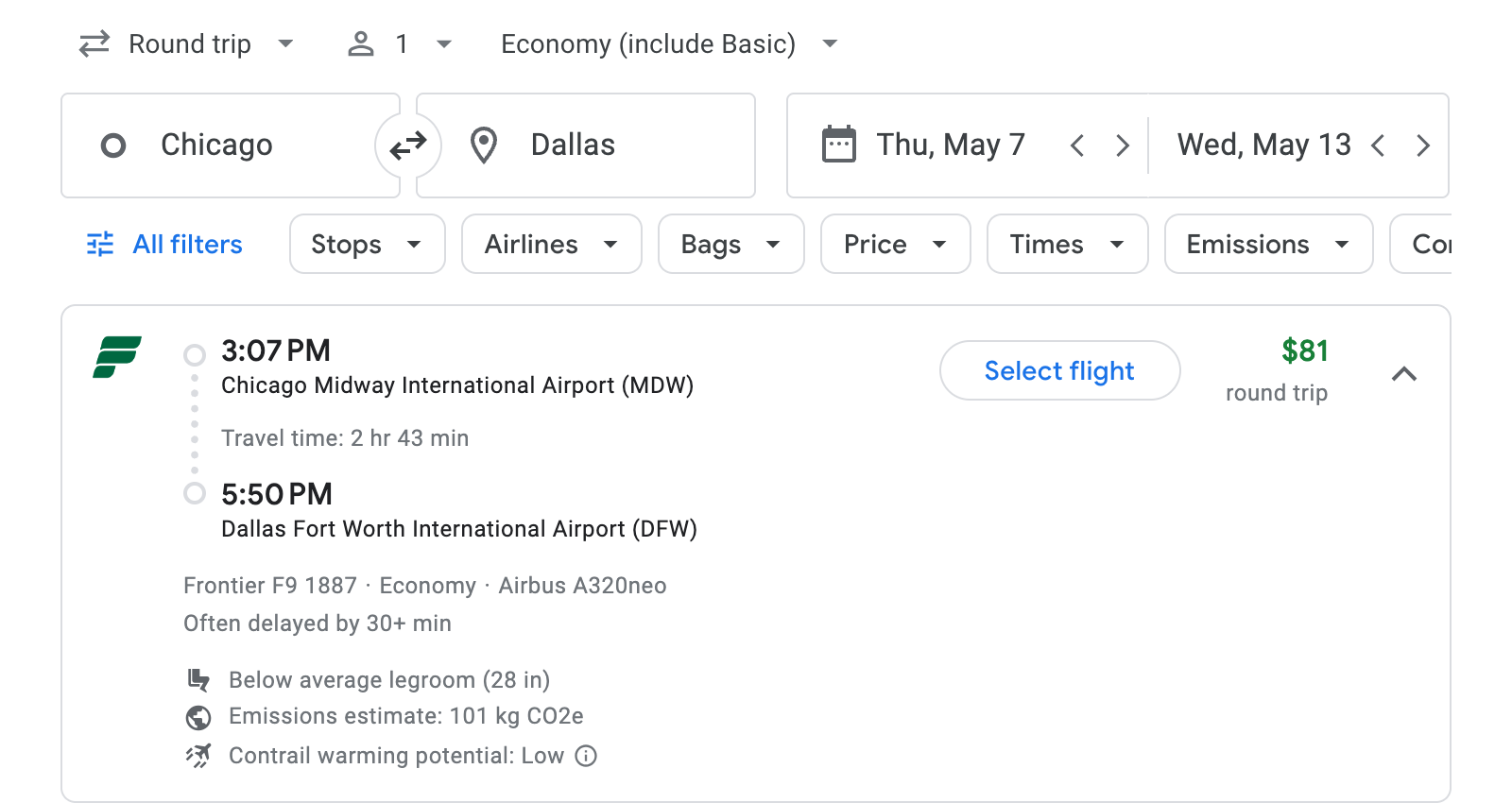 Flight options for Dallas