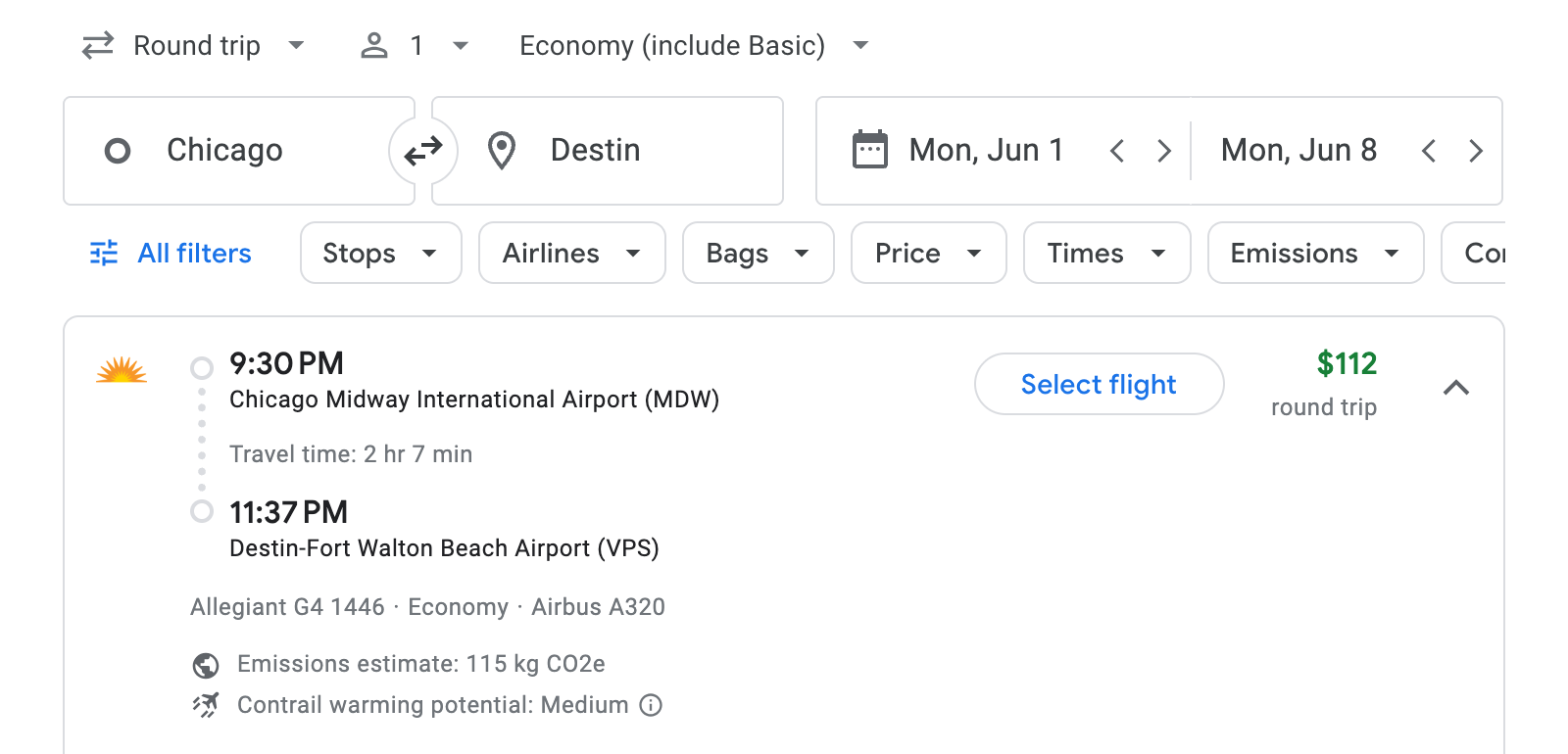 Flight options for Destin