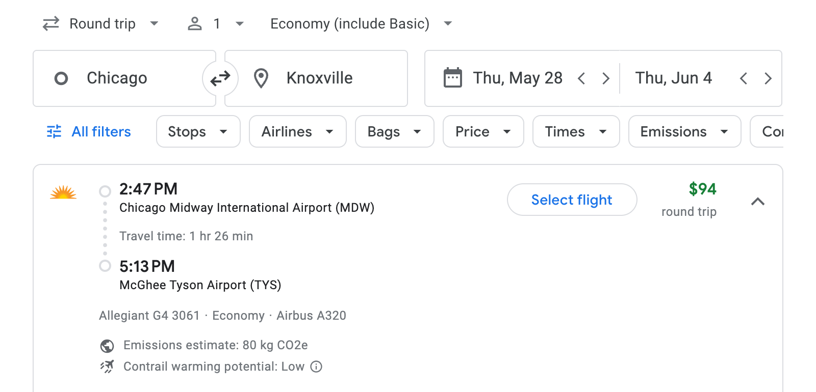 Flight options for Knoxville
