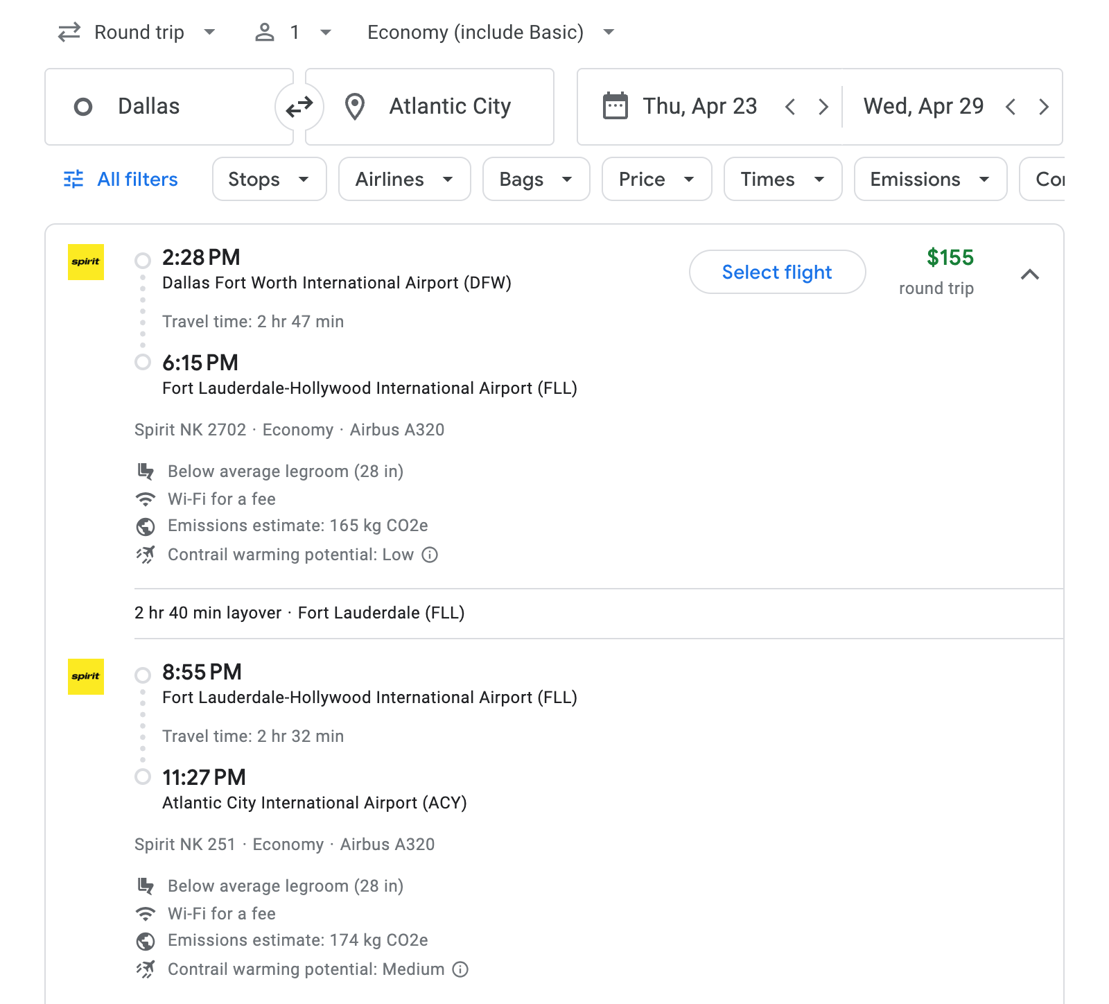 Flight options for Atlantic City