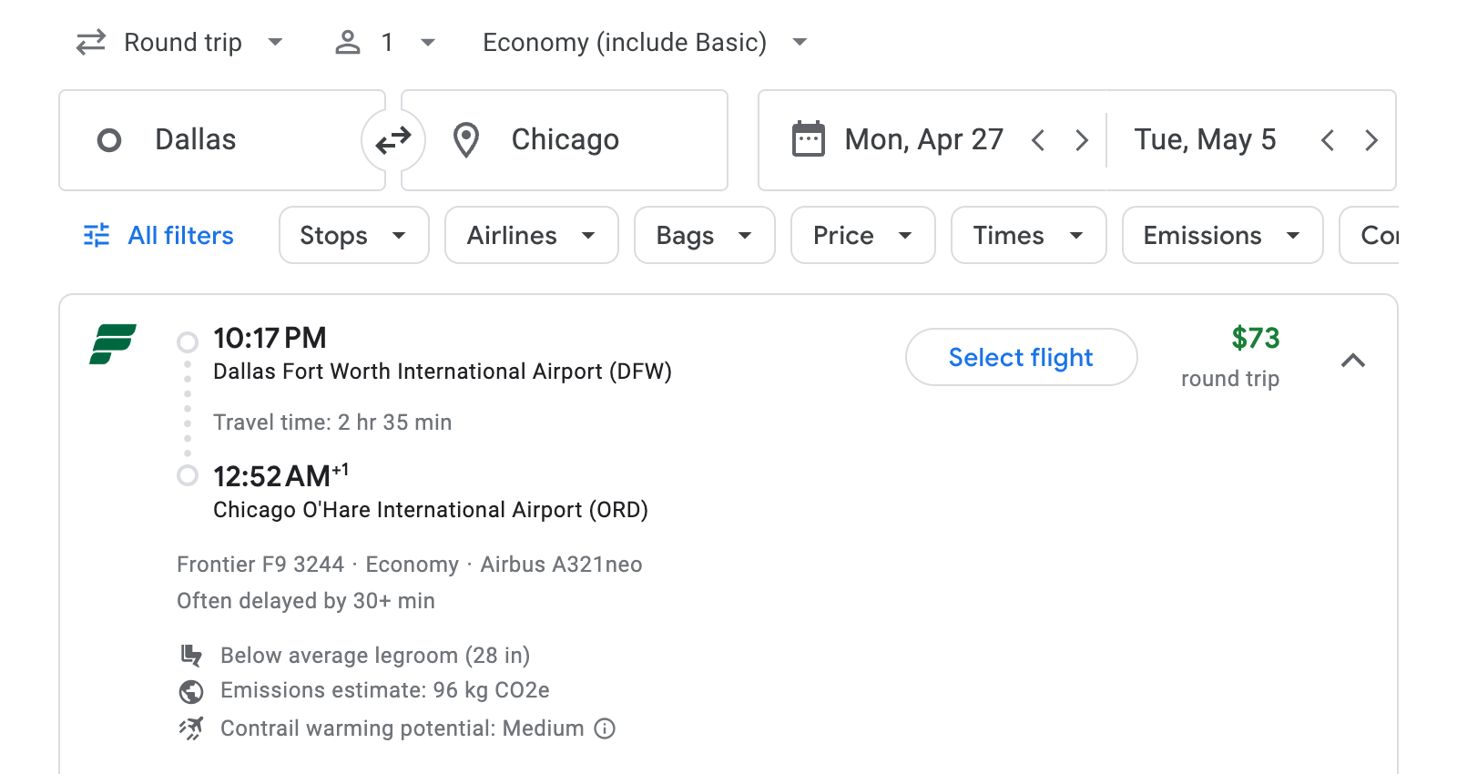 Flight options for Chicago