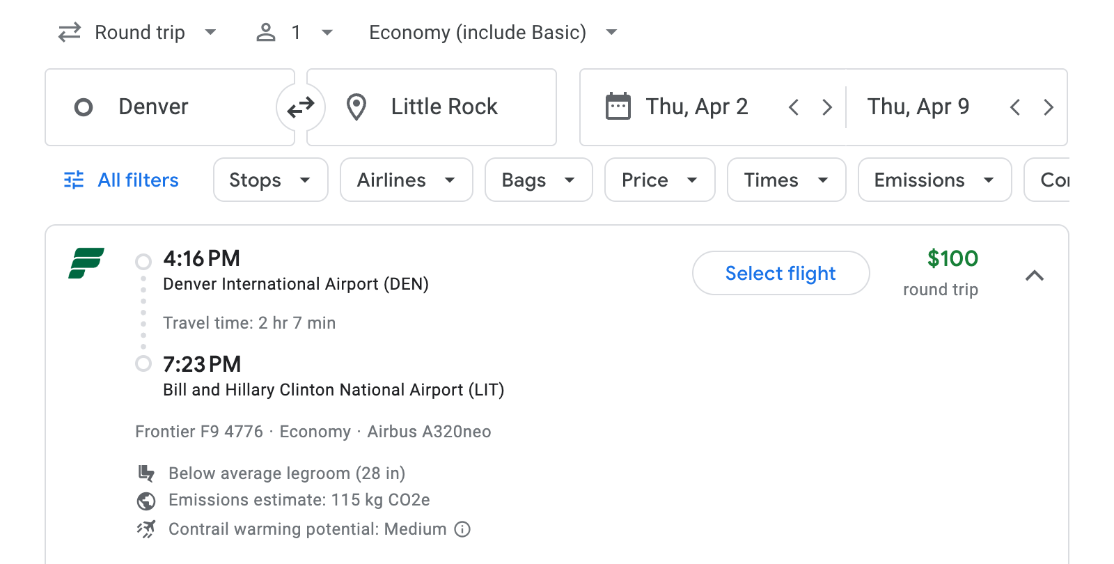 Flight options for Little Rock