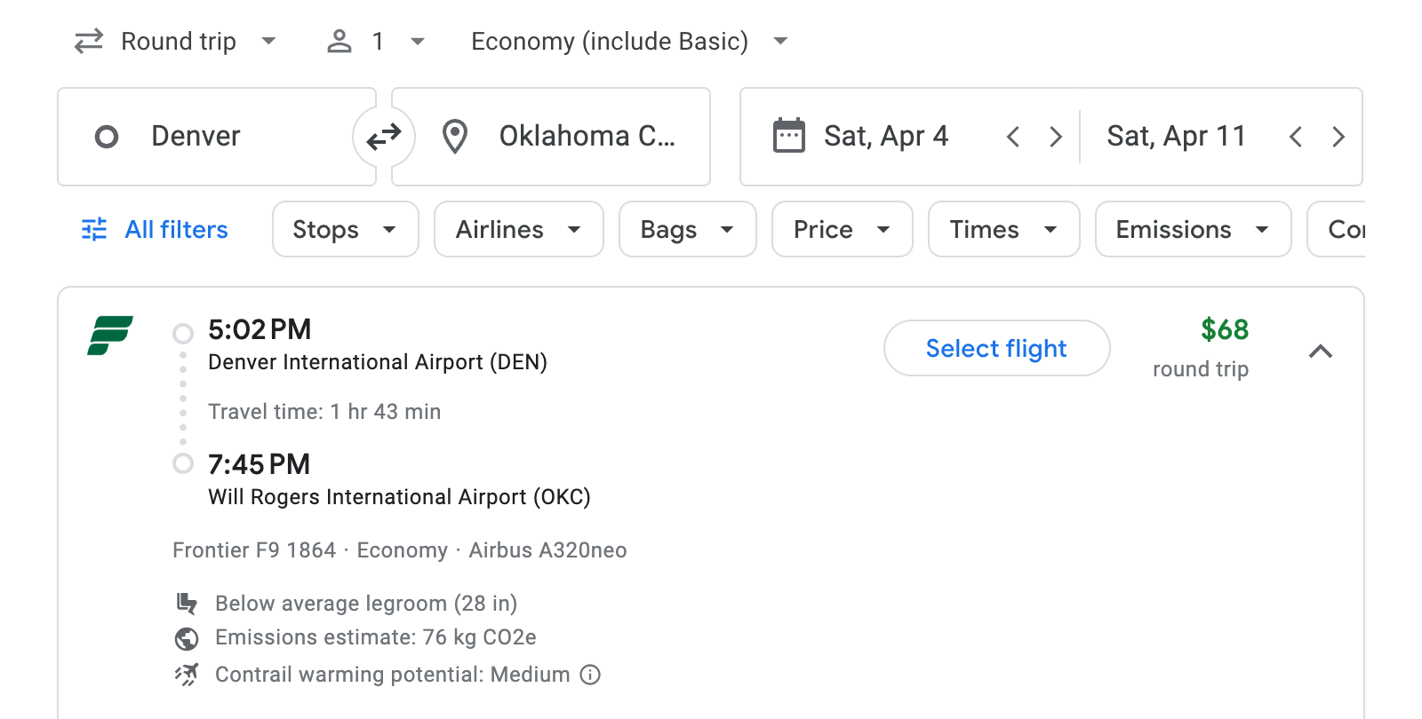 Flight options for Oklahoma City