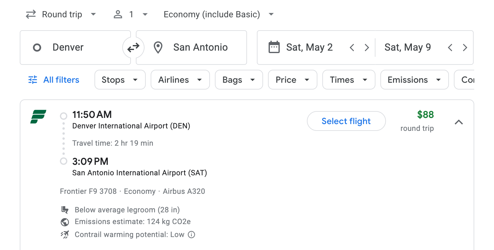 Flight options for San Antonio
