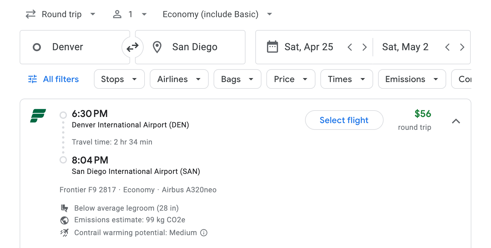 Flight options for San Diego