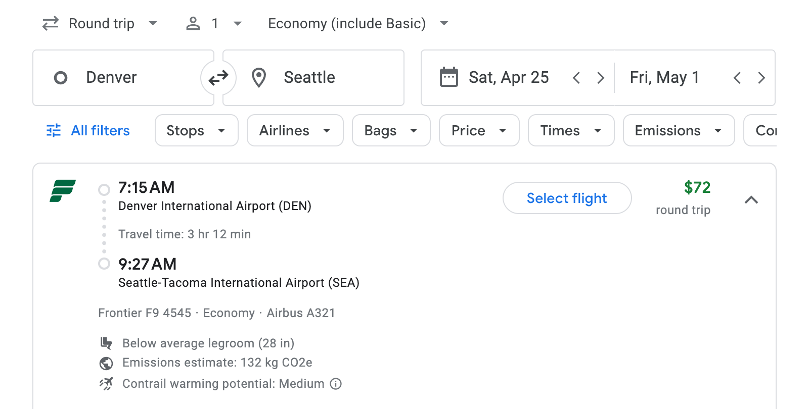 Flight options for Seattle