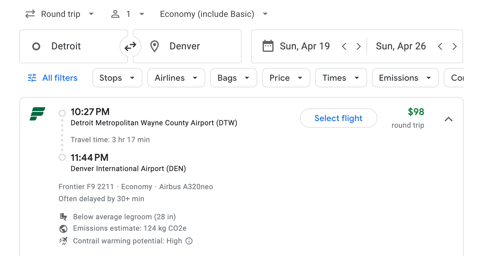 Flight options for Denver
