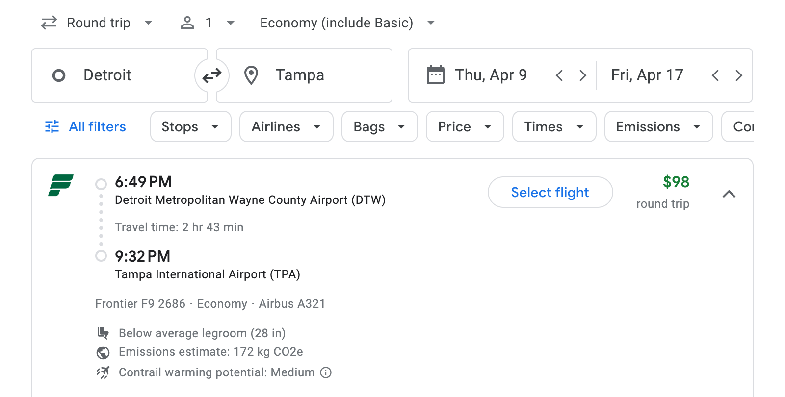 Flight options for Tampa