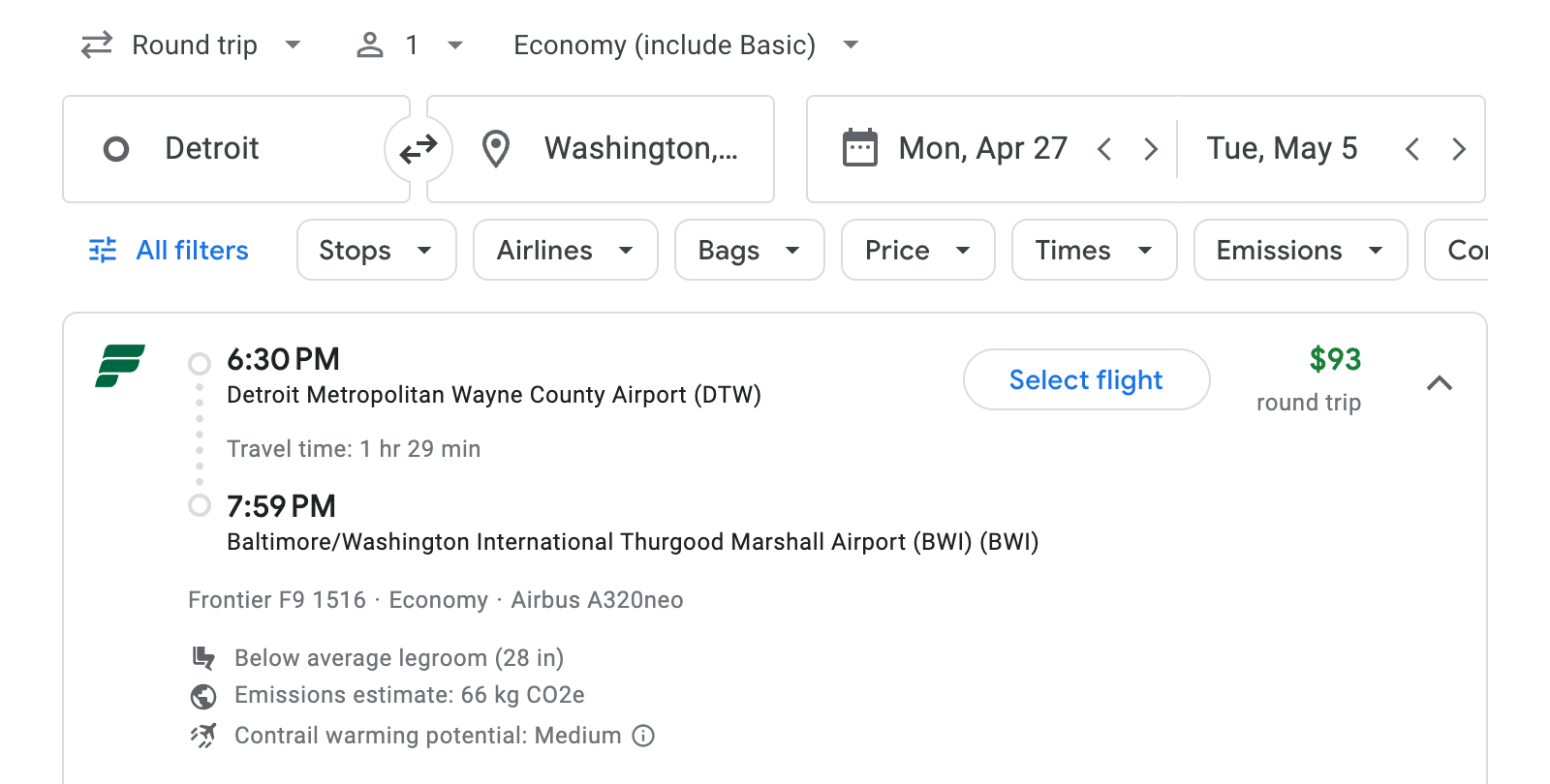 Flight options for Washington, D.C.