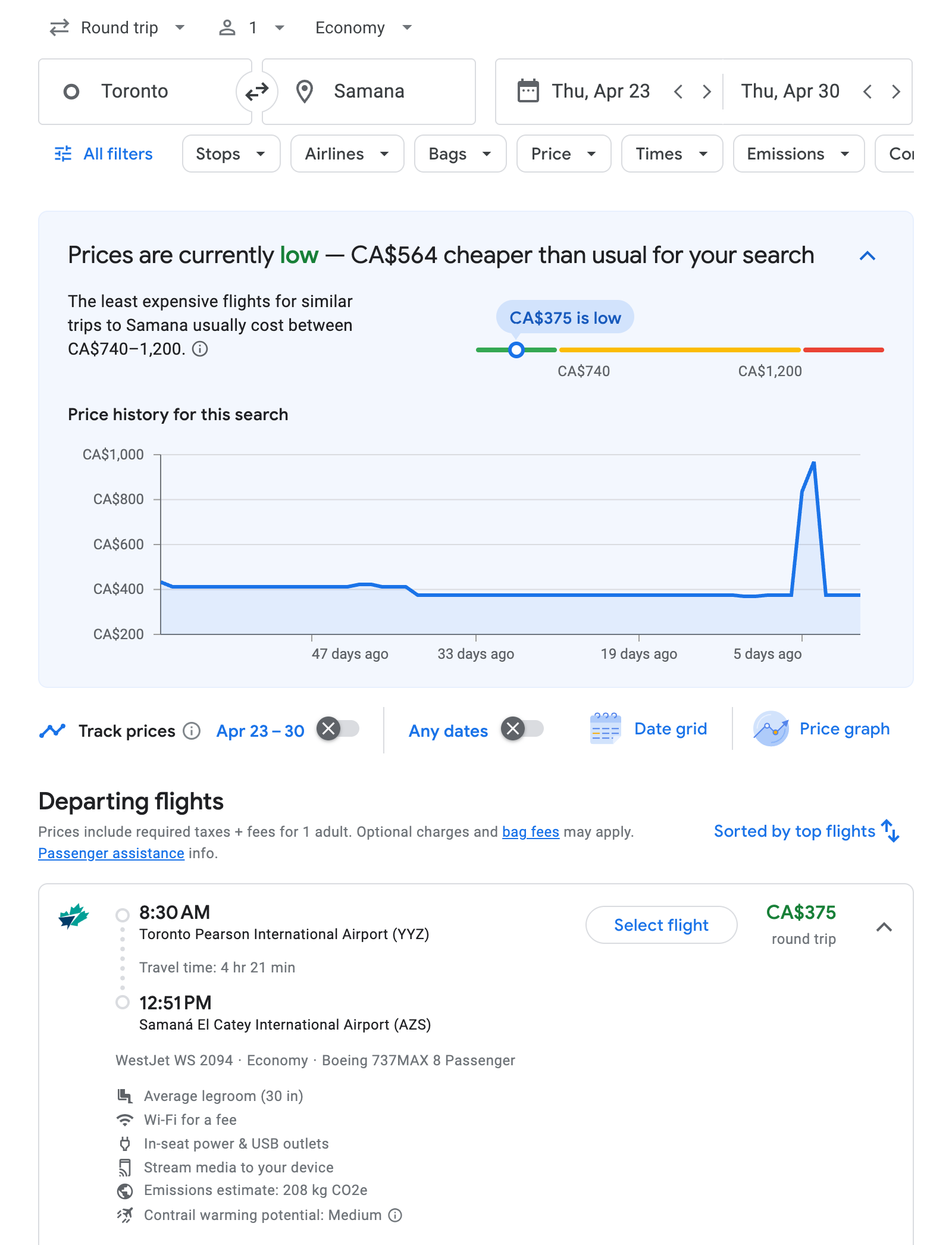 Flight options for Samana