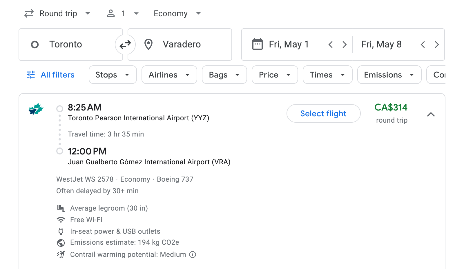 Flight options for Varadero